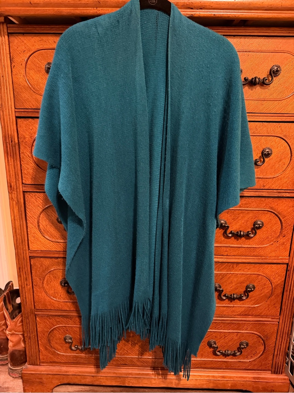 QVC Teal Open-Front Fringe Poncho Wrap